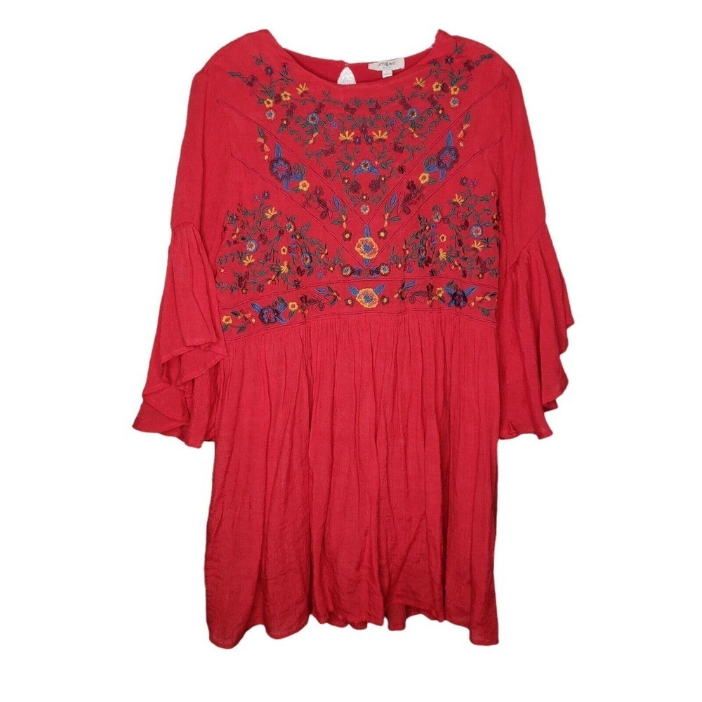 Umgee Boho LagenLook Red floral Embroidered Tunic Bell Sleeve mini dress sz Lg
